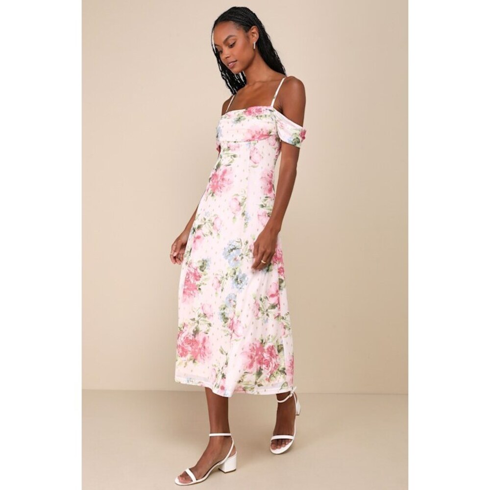 Lulus Sure To Adore Blush Pink Floral Mesh Cold-shoulder Midi Dress - Size M